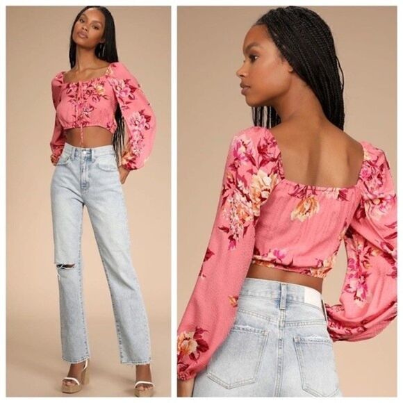 Lulus Tops - NWT Lulus Cheerful Disposition Pink Floral Print Lace-Up Crop Top Size Small